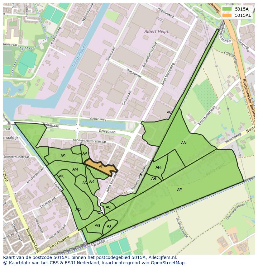 Afbeelding van het postcodegebied 5015 AL op de kaart.