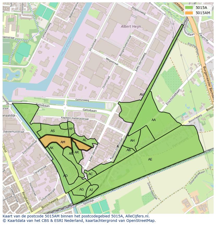 Afbeelding van het postcodegebied 5015 AM op de kaart.