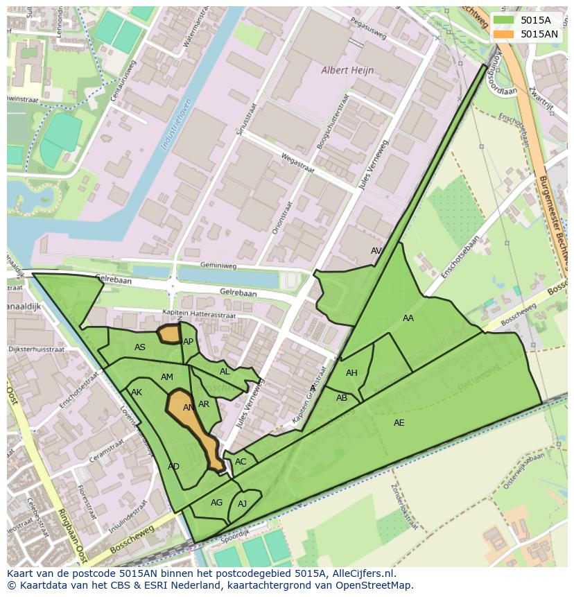 Afbeelding van het postcodegebied 5015 AN op de kaart.