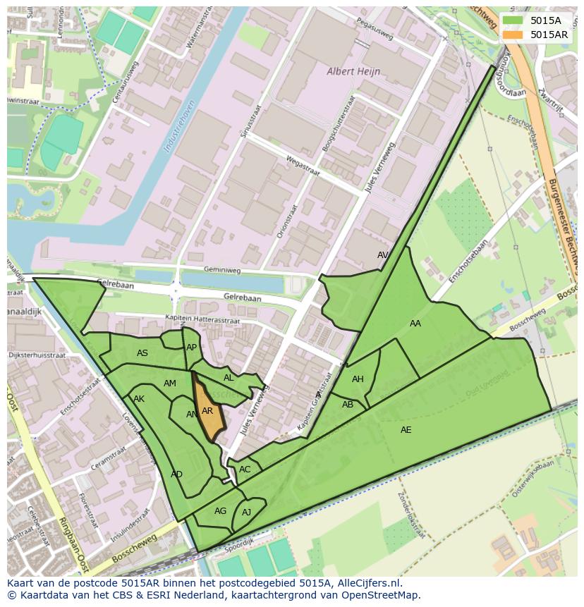 Afbeelding van het postcodegebied 5015 AR op de kaart.