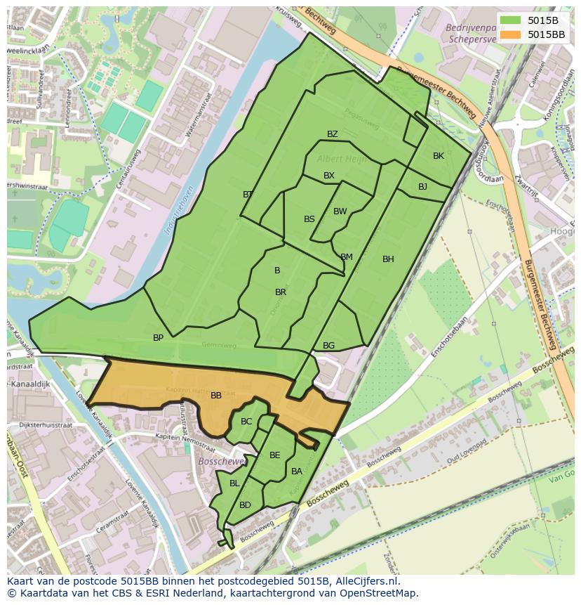 Afbeelding van het postcodegebied 5015 BB op de kaart.