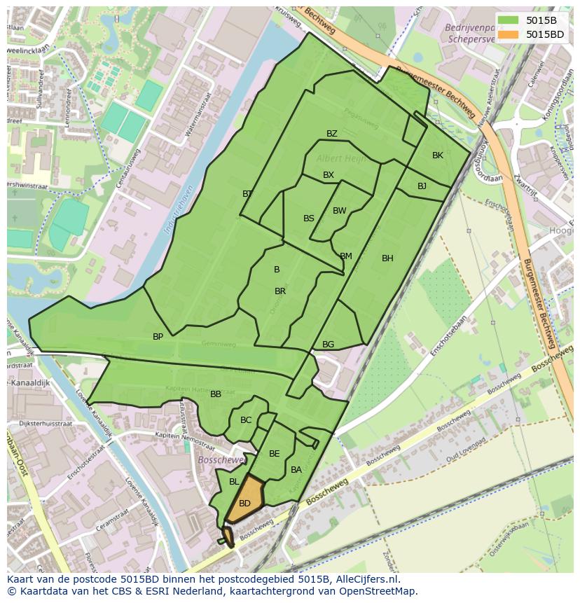 Afbeelding van het postcodegebied 5015 BD op de kaart.