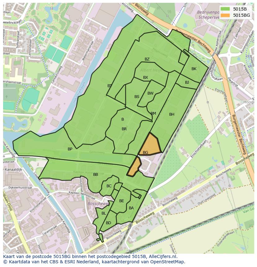 Afbeelding van het postcodegebied 5015 BG op de kaart.