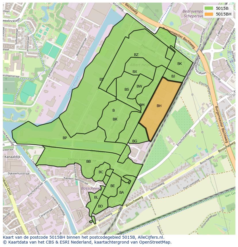 Afbeelding van het postcodegebied 5015 BH op de kaart.