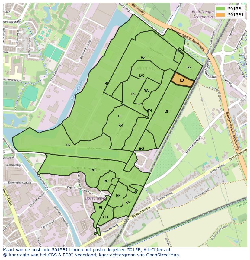 Afbeelding van het postcodegebied 5015 BJ op de kaart.