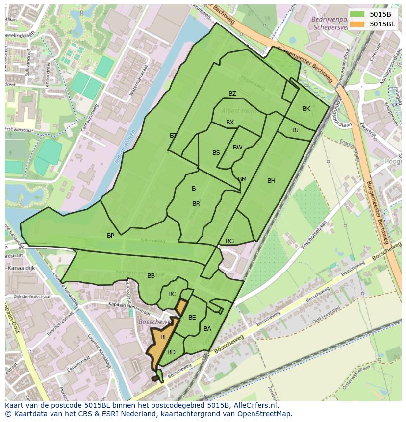 Afbeelding van het postcodegebied 5015 BL op de kaart.