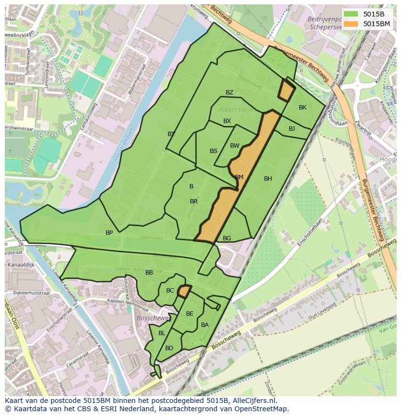 Afbeelding van het postcodegebied 5015 BM op de kaart.