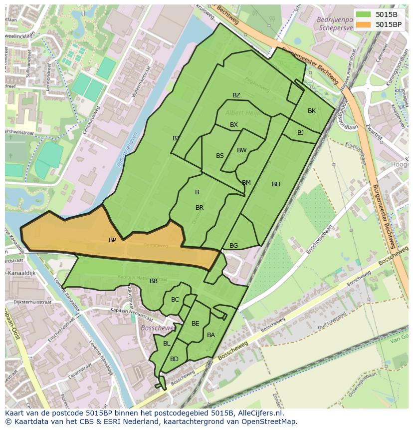 Afbeelding van het postcodegebied 5015 BP op de kaart.