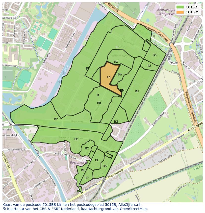 Afbeelding van het postcodegebied 5015 BS op de kaart.