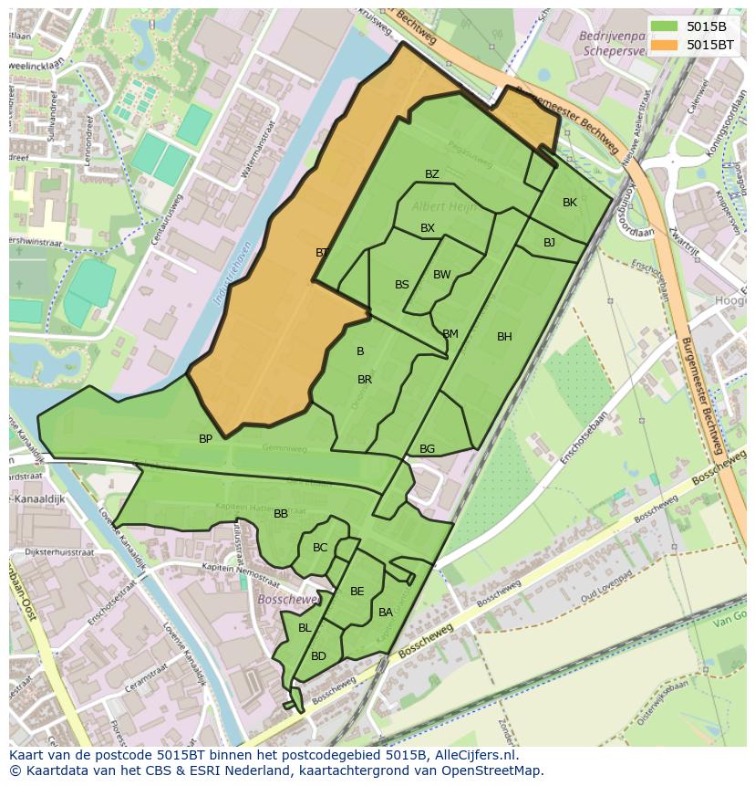 Afbeelding van het postcodegebied 5015 BT op de kaart.