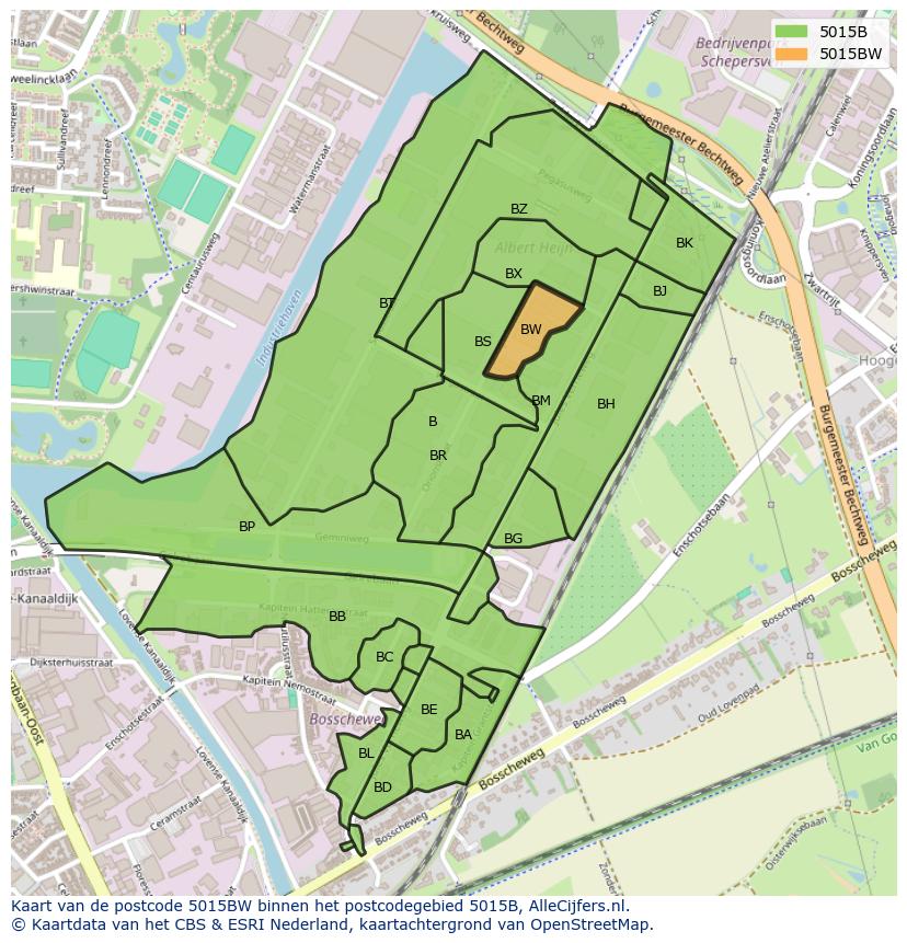 Afbeelding van het postcodegebied 5015 BW op de kaart.
