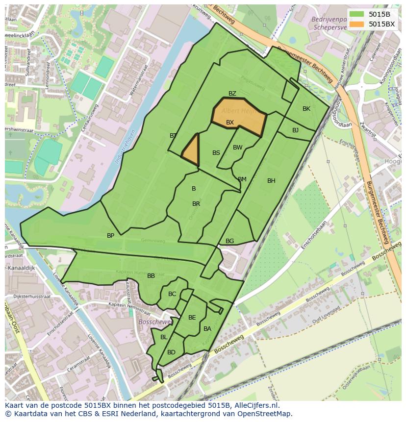 Afbeelding van het postcodegebied 5015 BX op de kaart.