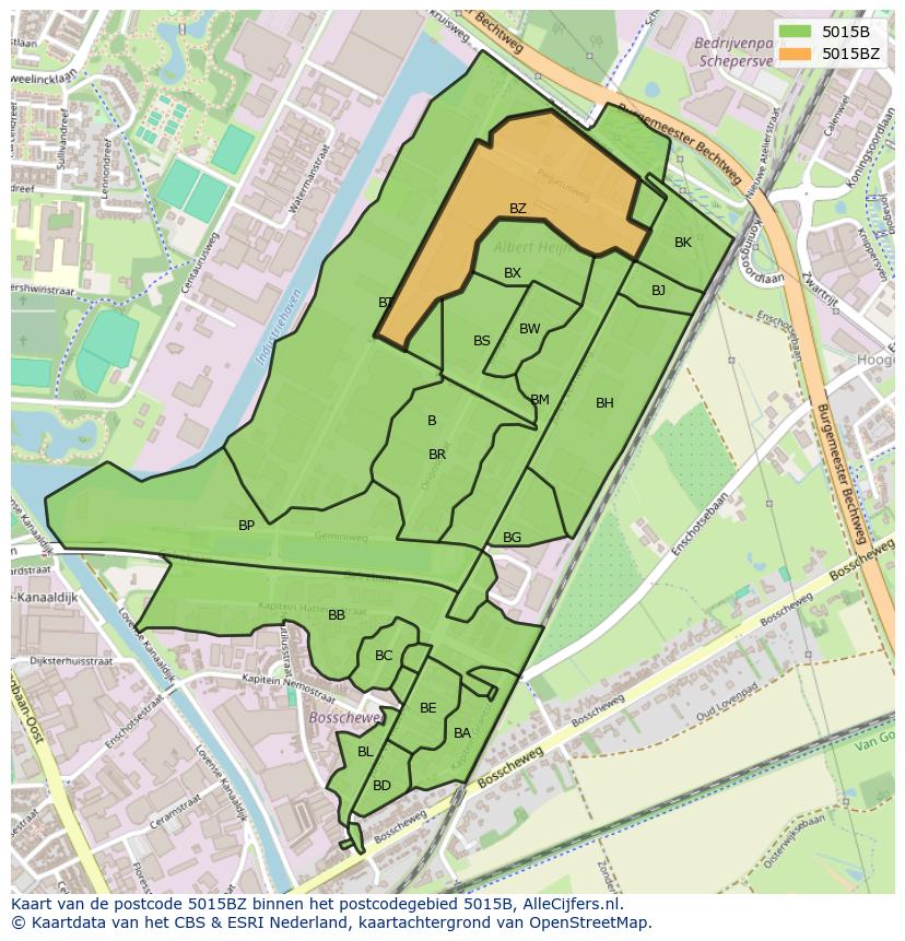 Afbeelding van het postcodegebied 5015 BZ op de kaart.