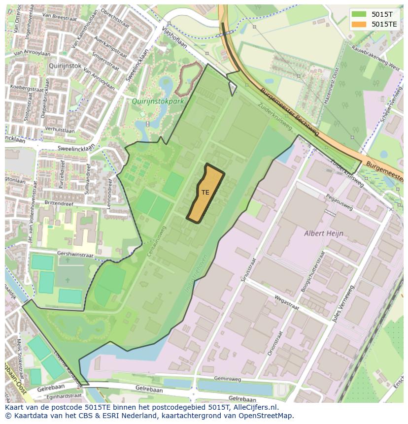 Afbeelding van het postcodegebied 5015 TE op de kaart.