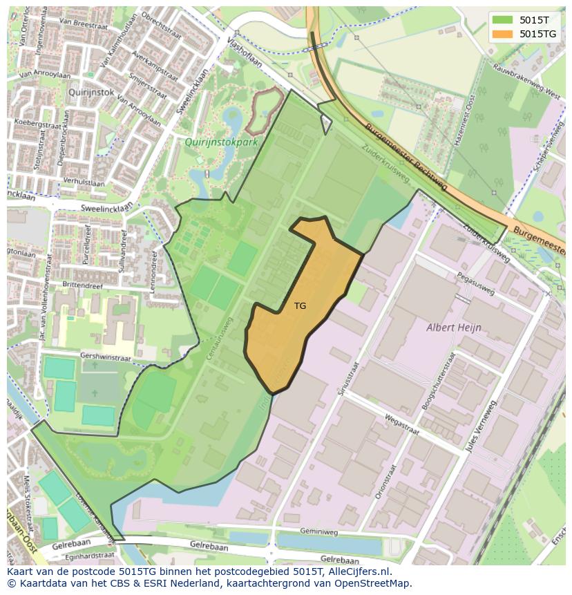 Afbeelding van het postcodegebied 5015 TG op de kaart.