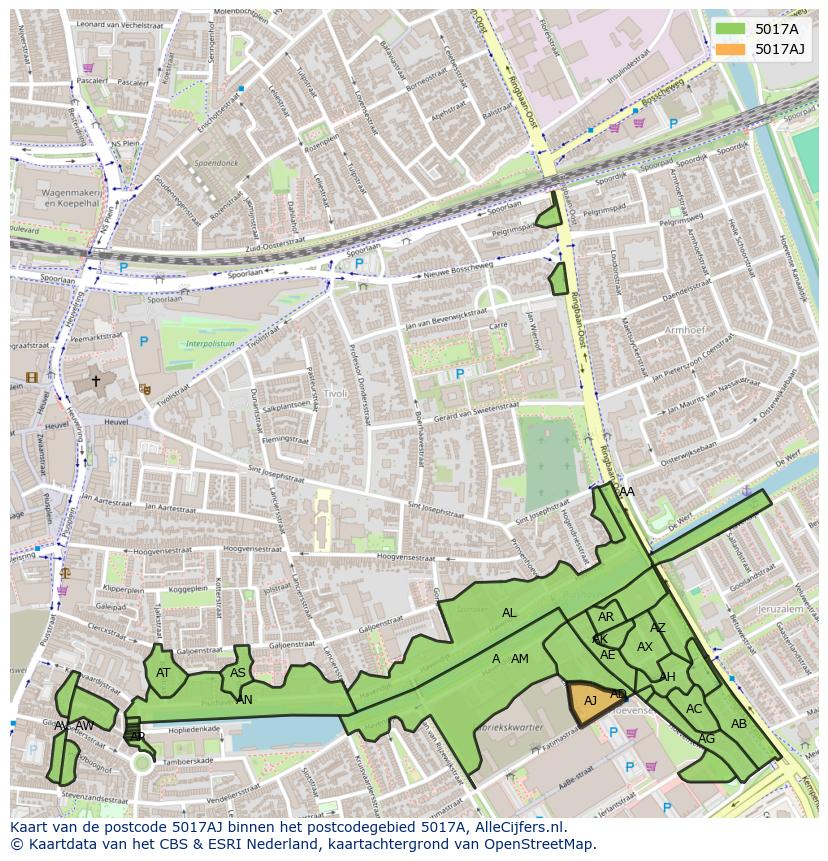 Afbeelding van het postcodegebied 5017 AJ op de kaart.