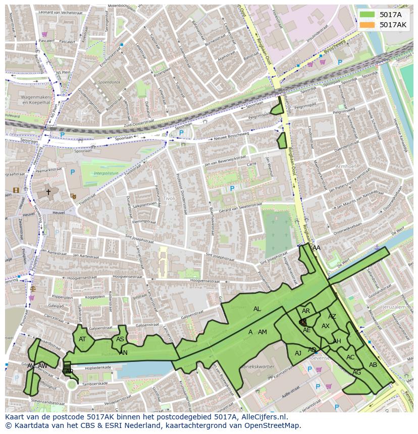 Afbeelding van het postcodegebied 5017 AK op de kaart.