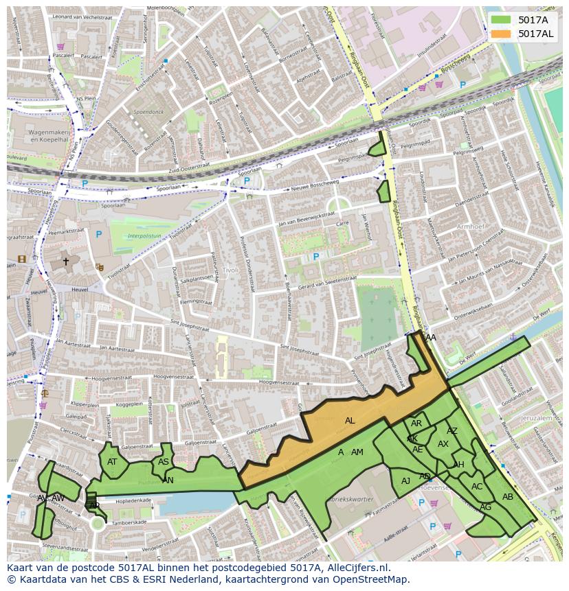 Afbeelding van het postcodegebied 5017 AL op de kaart.