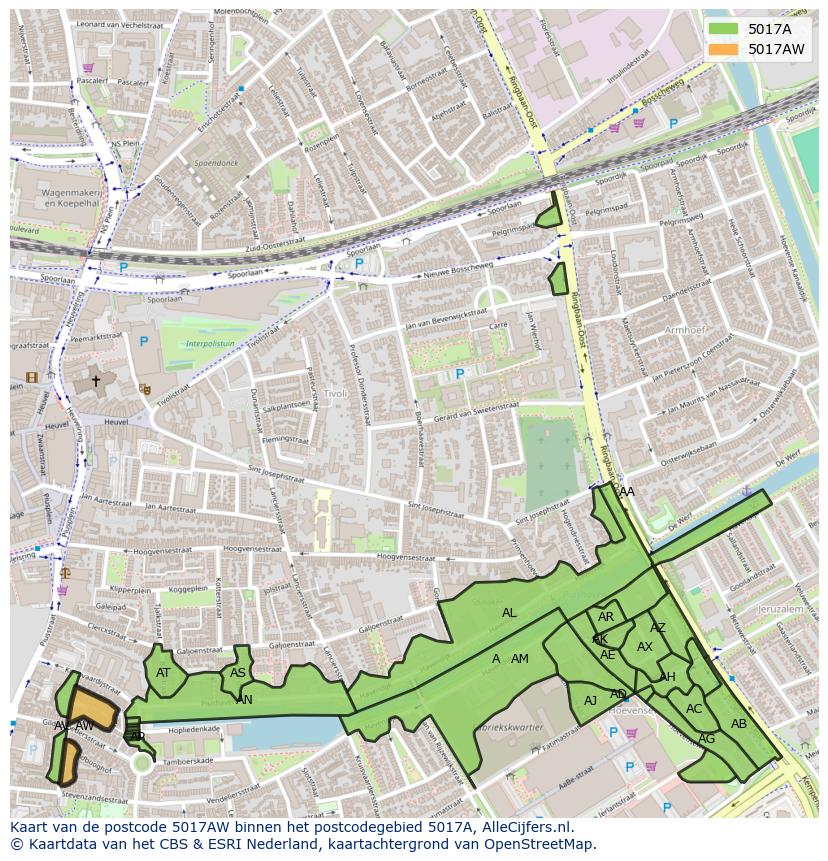 Afbeelding van het postcodegebied 5017 AW op de kaart.