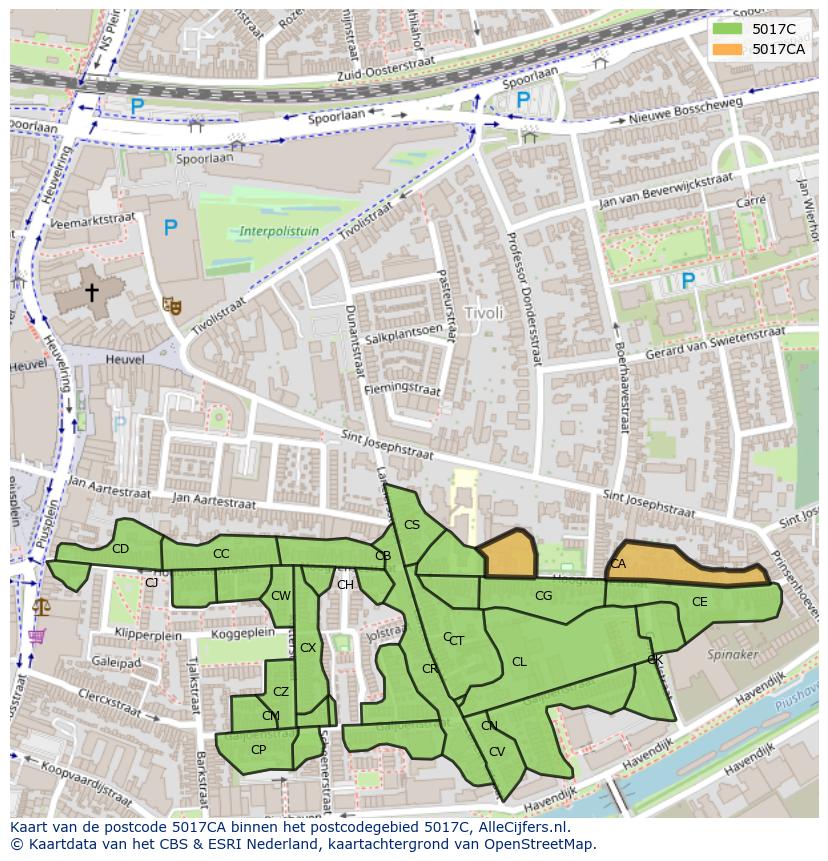 Afbeelding van het postcodegebied 5017 CA op de kaart.