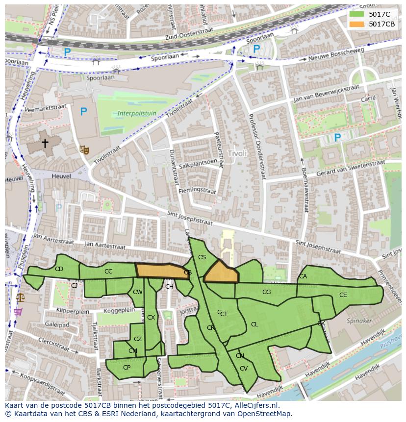Afbeelding van het postcodegebied 5017 CB op de kaart.