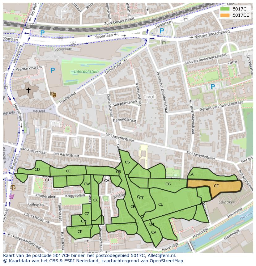 Afbeelding van het postcodegebied 5017 CE op de kaart.
