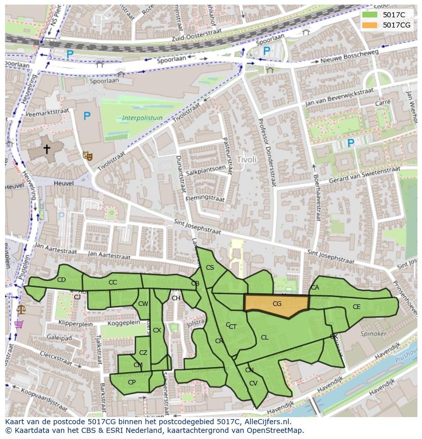 Afbeelding van het postcodegebied 5017 CG op de kaart.