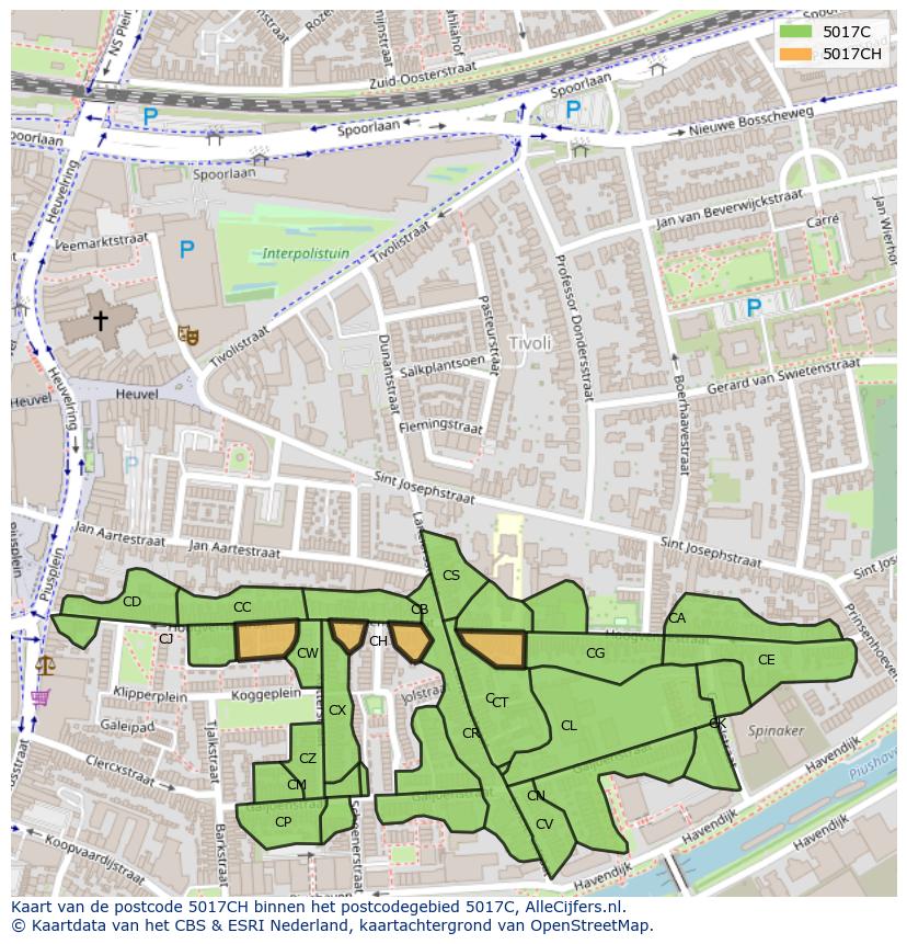 Afbeelding van het postcodegebied 5017 CH op de kaart.