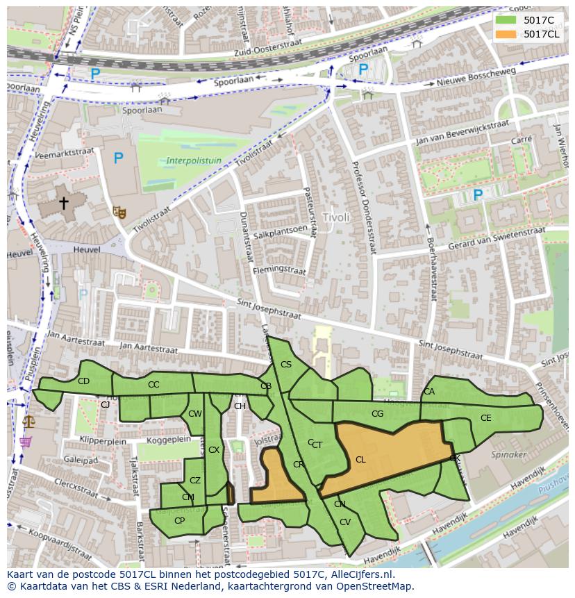 Afbeelding van het postcodegebied 5017 CL op de kaart.
