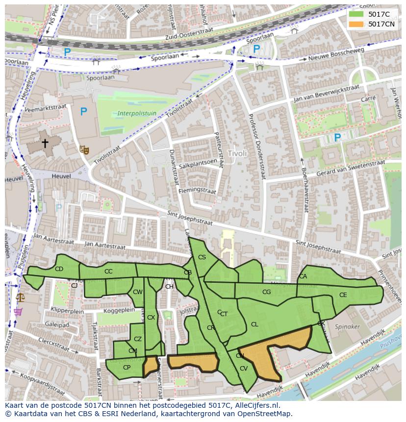 Afbeelding van het postcodegebied 5017 CN op de kaart.