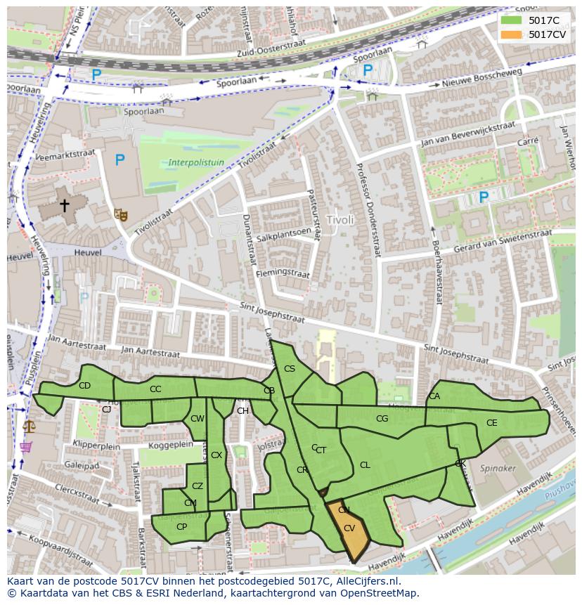 Afbeelding van het postcodegebied 5017 CV op de kaart.