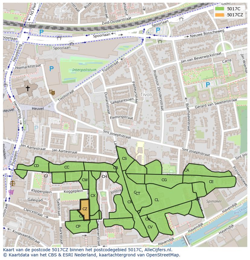 Afbeelding van het postcodegebied 5017 CZ op de kaart.