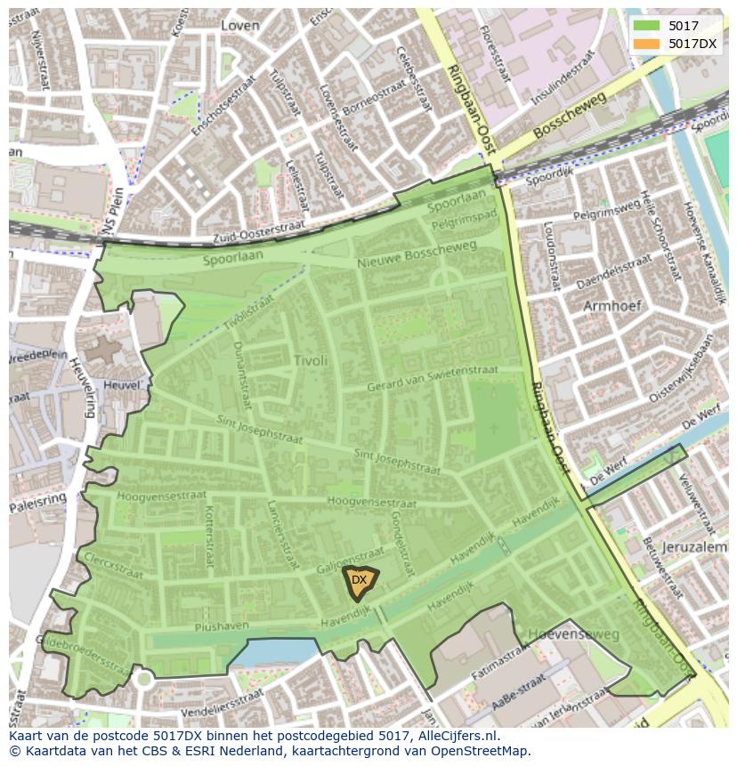 Afbeelding van het postcodegebied 5017 DX op de kaart.