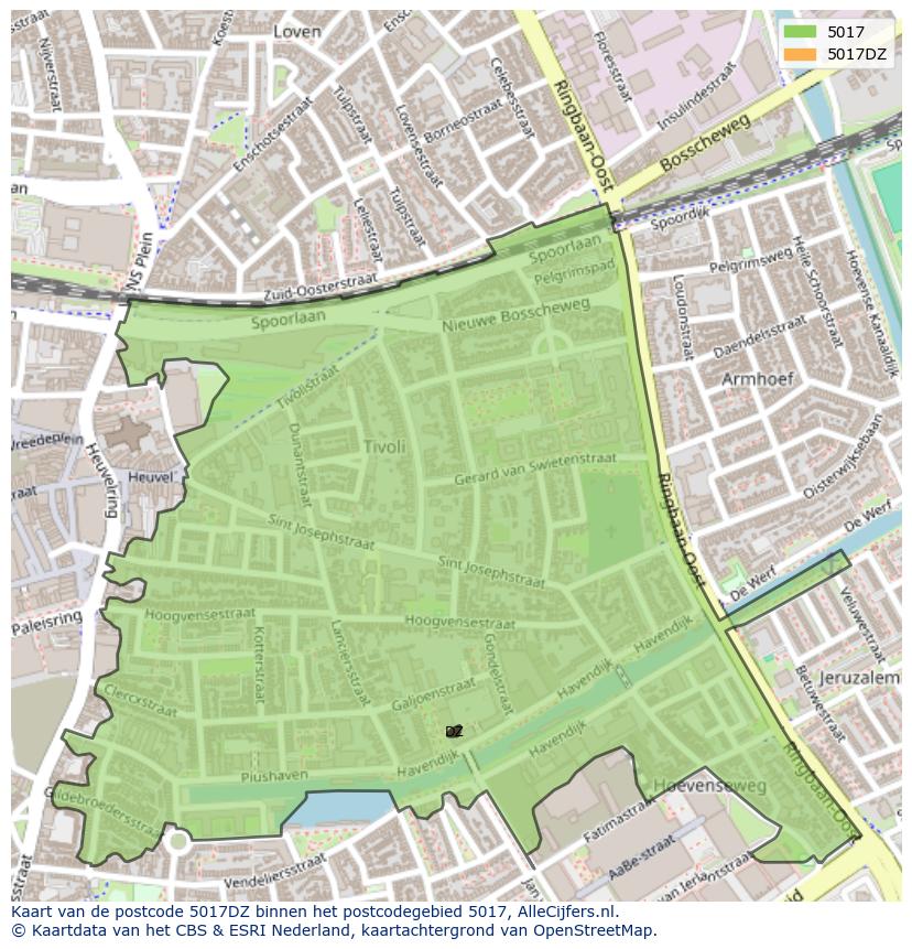 Afbeelding van het postcodegebied 5017 DZ op de kaart.