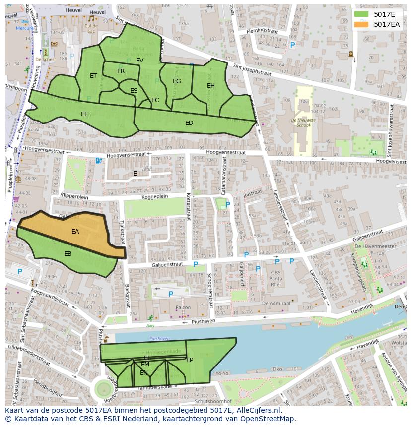 Afbeelding van het postcodegebied 5017 EA op de kaart.