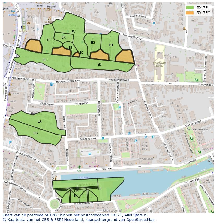 Afbeelding van het postcodegebied 5017 EC op de kaart.