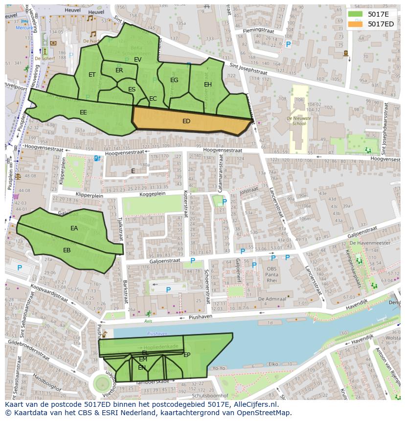 Afbeelding van het postcodegebied 5017 ED op de kaart.