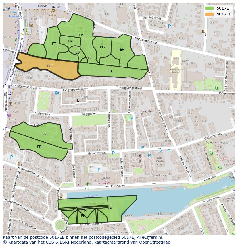 Afbeelding van het postcodegebied 5017 EE op de kaart.