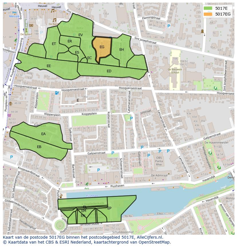 Afbeelding van het postcodegebied 5017 EG op de kaart.