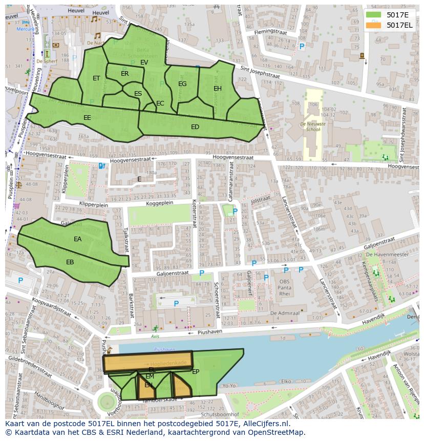 Afbeelding van het postcodegebied 5017 EL op de kaart.