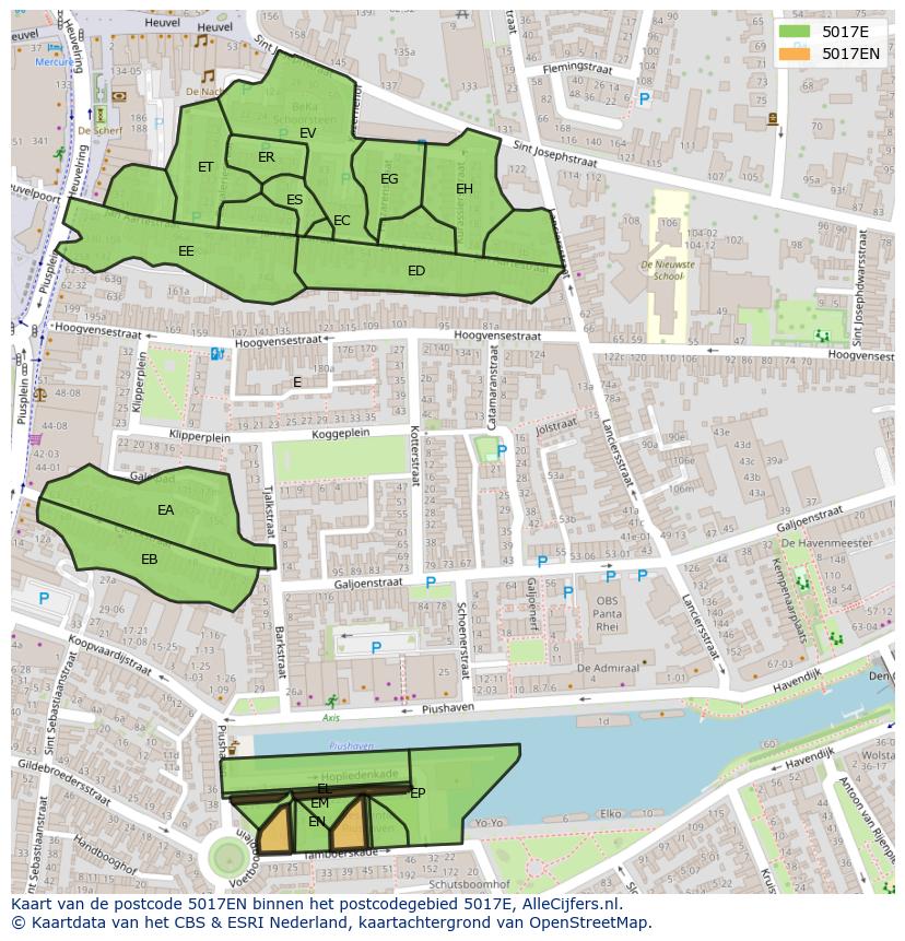 Afbeelding van het postcodegebied 5017 EN op de kaart.
