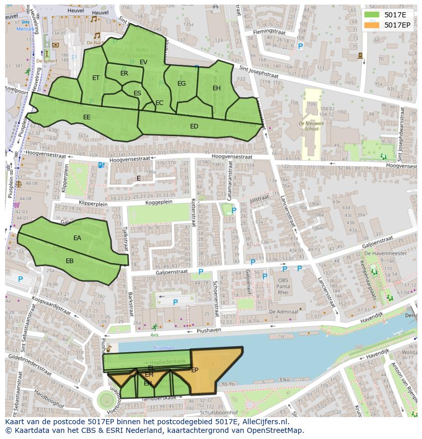 Afbeelding van het postcodegebied 5017 EP op de kaart.
