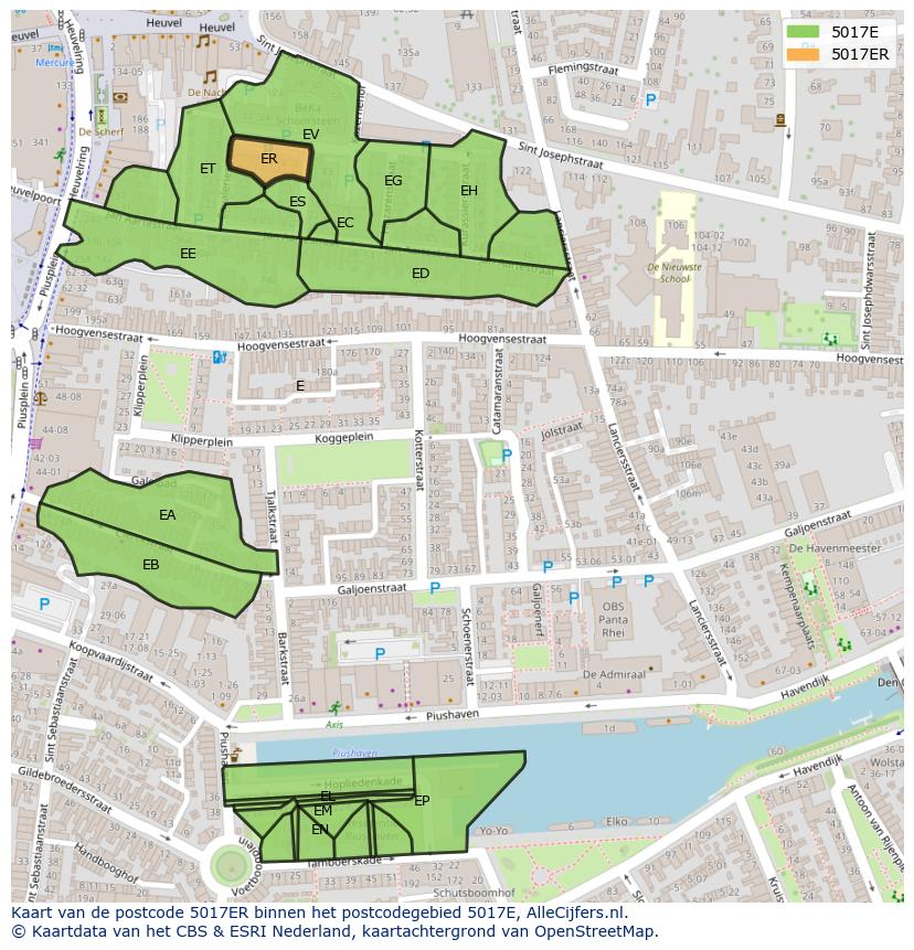 Afbeelding van het postcodegebied 5017 ER op de kaart.
