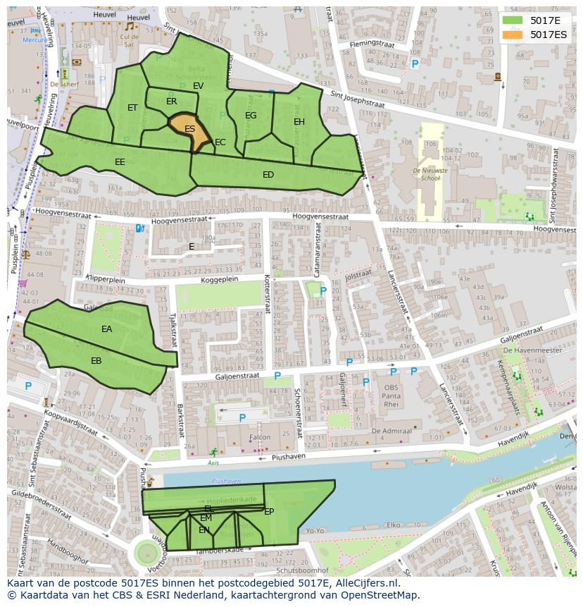 Afbeelding van het postcodegebied 5017 ES op de kaart.