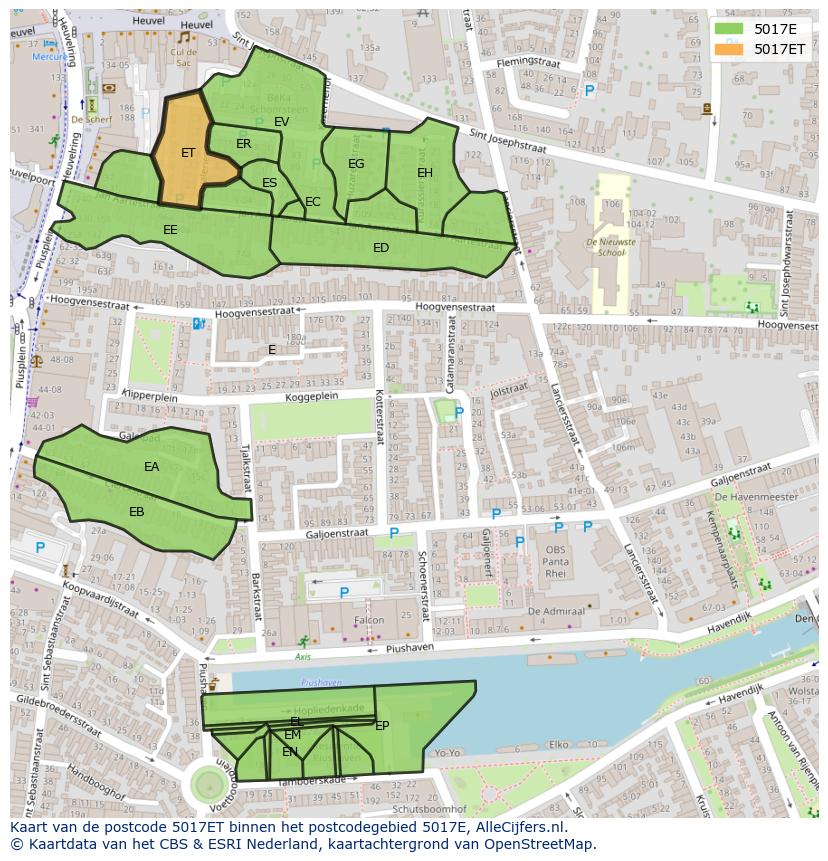Afbeelding van het postcodegebied 5017 ET op de kaart.