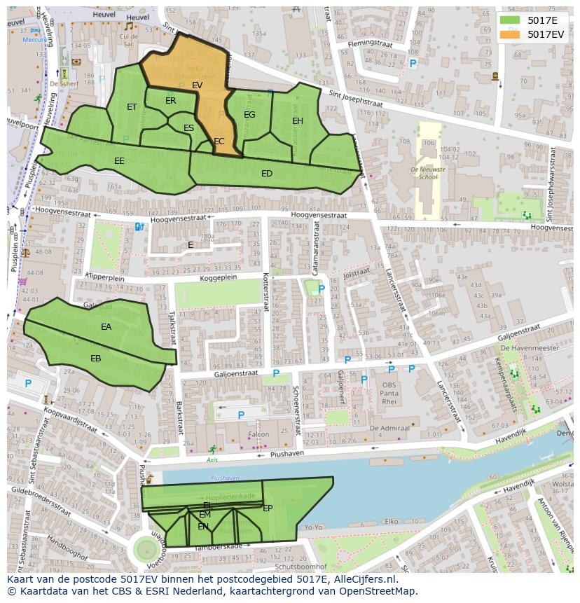 Afbeelding van het postcodegebied 5017 EV op de kaart.