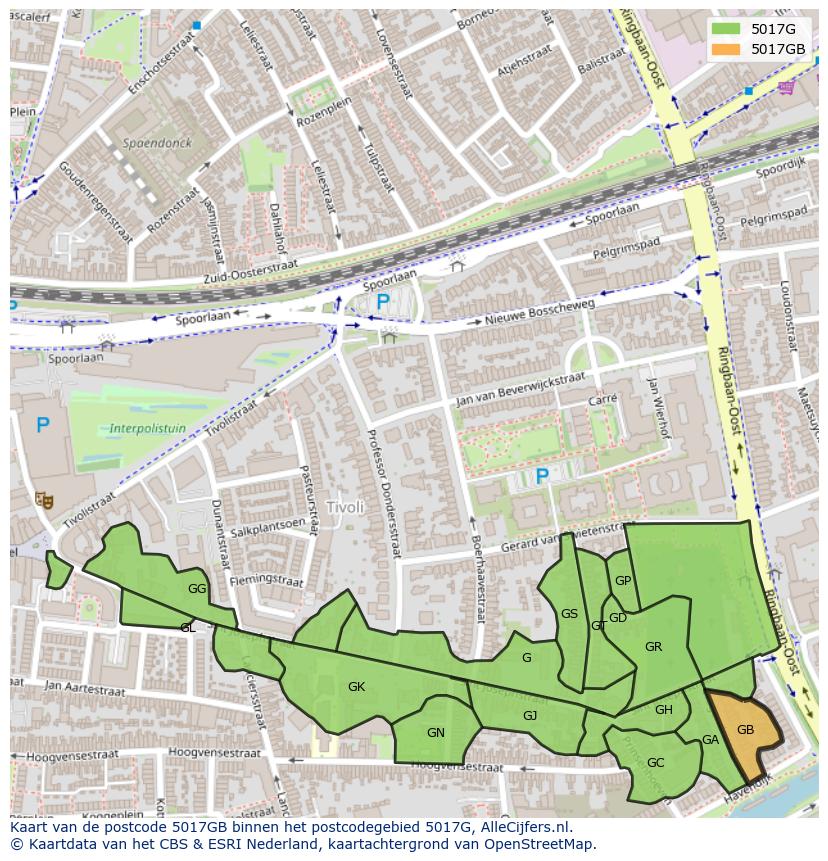 Afbeelding van het postcodegebied 5017 GB op de kaart.