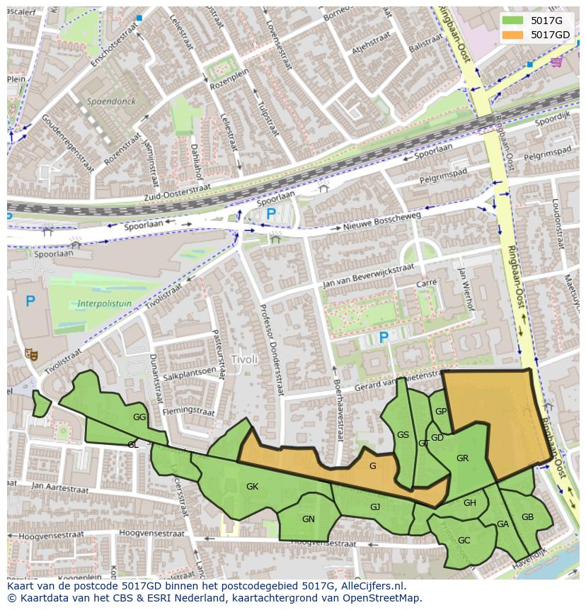 Afbeelding van het postcodegebied 5017 GD op de kaart.