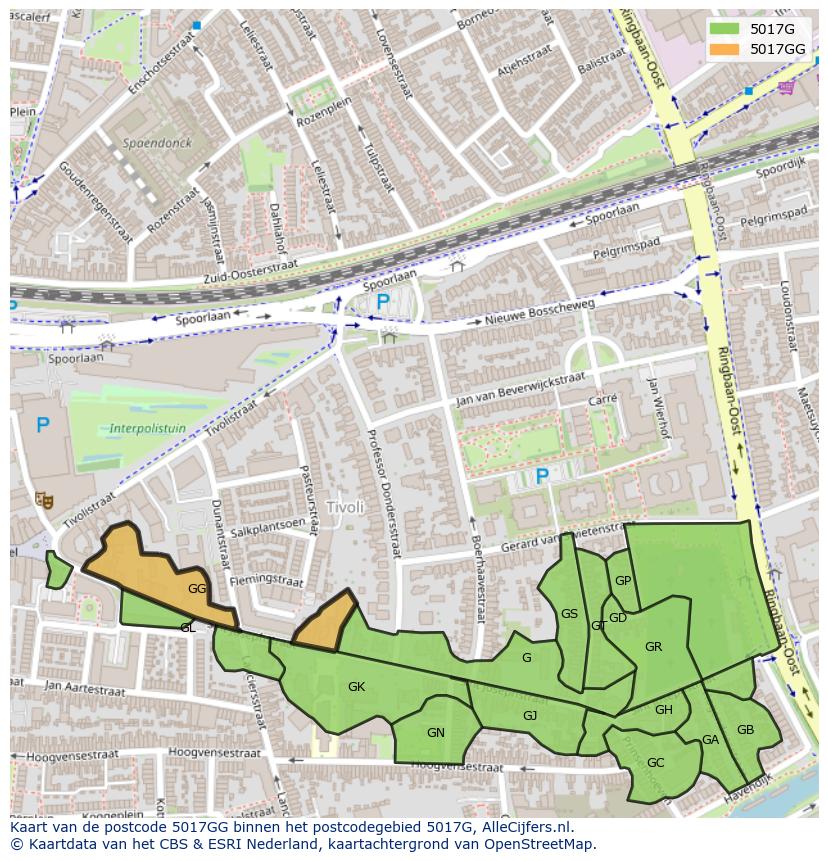 Afbeelding van het postcodegebied 5017 GG op de kaart.