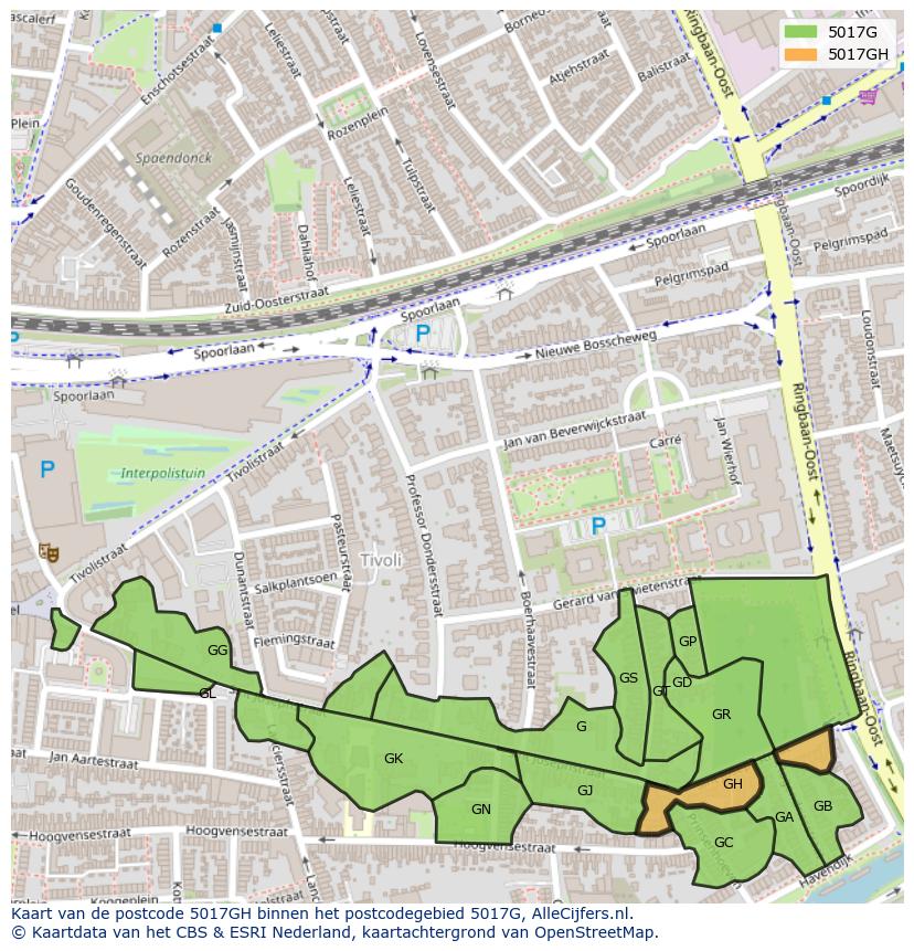 Afbeelding van het postcodegebied 5017 GH op de kaart.